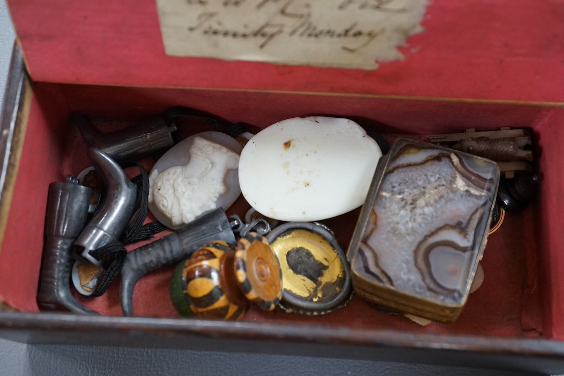 A 19th century yellow metal mounted intaglio pendant, assorted unmounted cameos, snuff box and collectables. Condition - varies